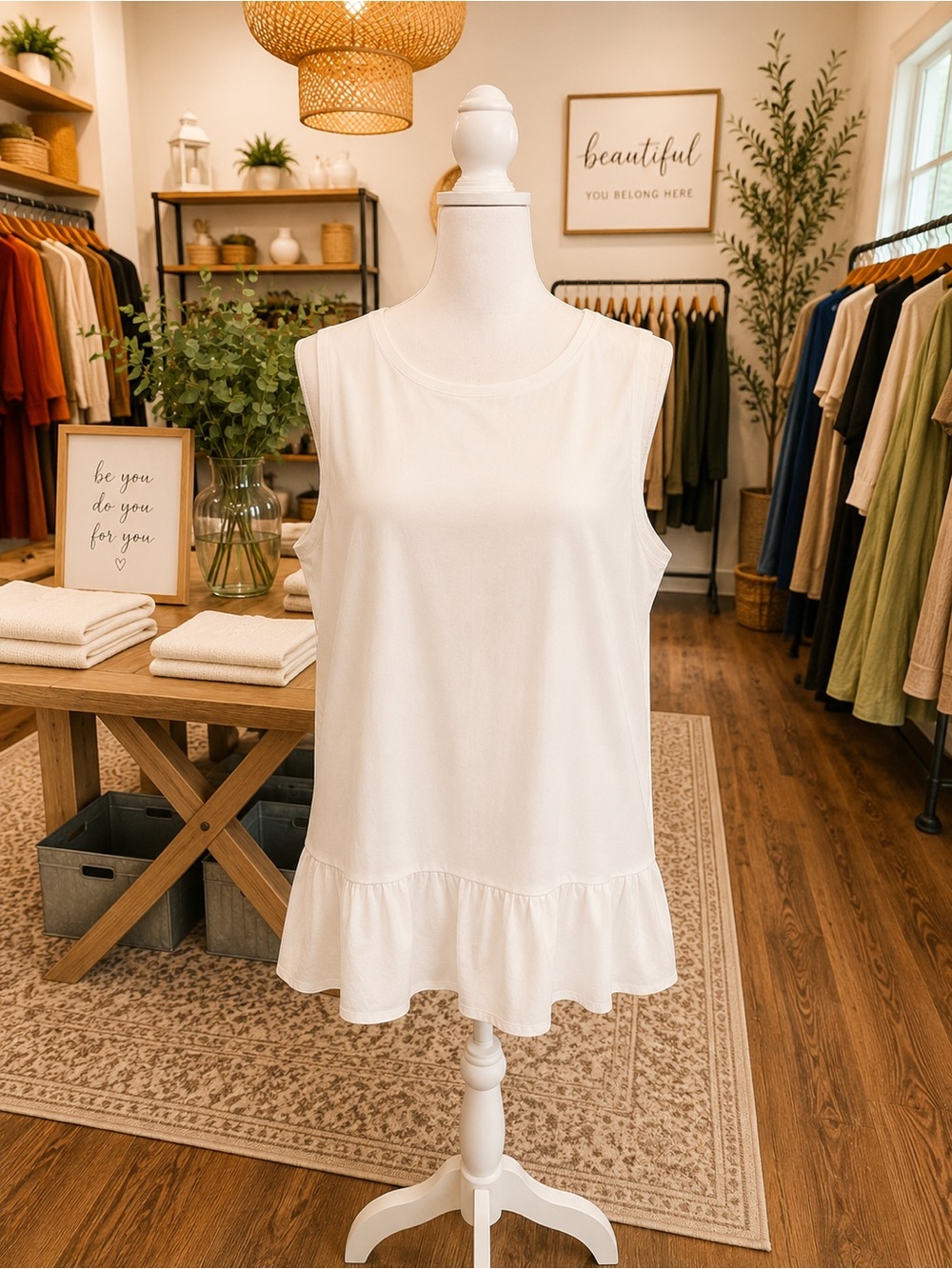 J.Jill White Sleeveless Ruffle Hem Top XL Cotton Blend Casual
